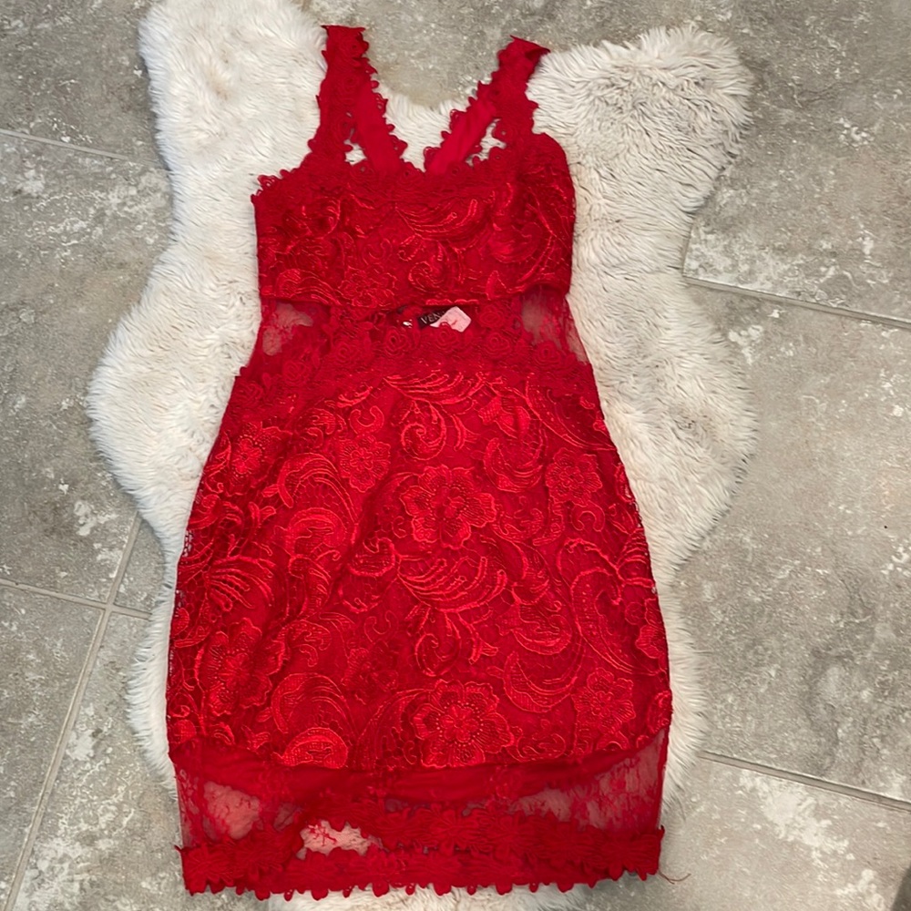 Red lace dress with sheer waist